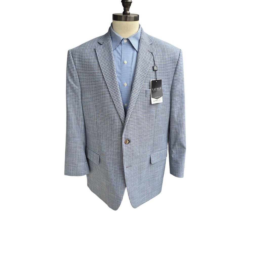 Lauren Ralph Lauren Ultraflex Classic Fit Light Blue Grey Plaid Blazer 48L NEW